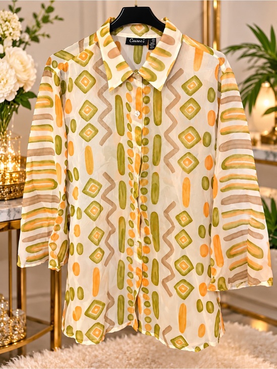 Tops - Women’s' Geometric Button-Up Shirt in Cream, Green & Orange